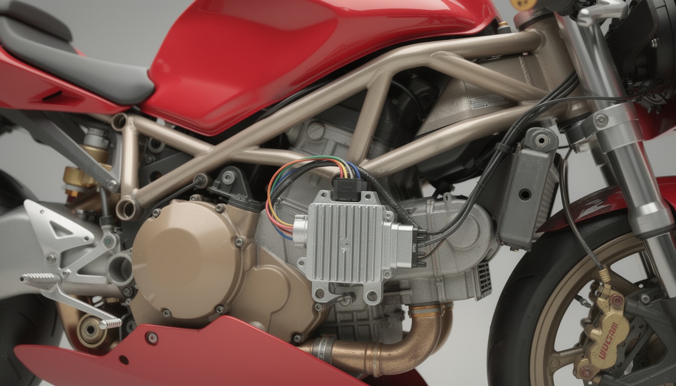 découvrez l'emplacement précis du régulateur de tension sur une ducati 916 st4 de l'année 2000, situé sous le carénage droit, pour faciliter vos opérations d'entretien et de réparation.